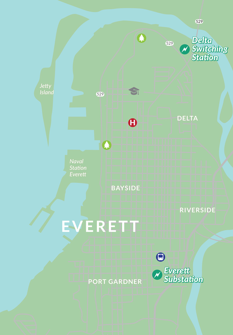 Map of Everett Wa showing neighborhood and utility locations