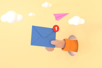 Charming cartoon hand holds email notice against whimsical yellow sky with a paper airplane flying above