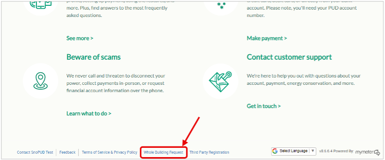 Screen shot showing location of "Whole Building Request" link on MySnoPUD