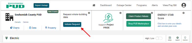 Screen shot showing location of "Initiate Request" button on MySnoPUD