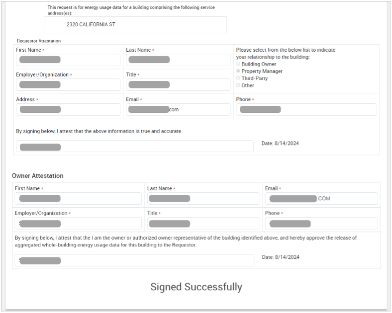 Screen showing showing building owner's consent fields