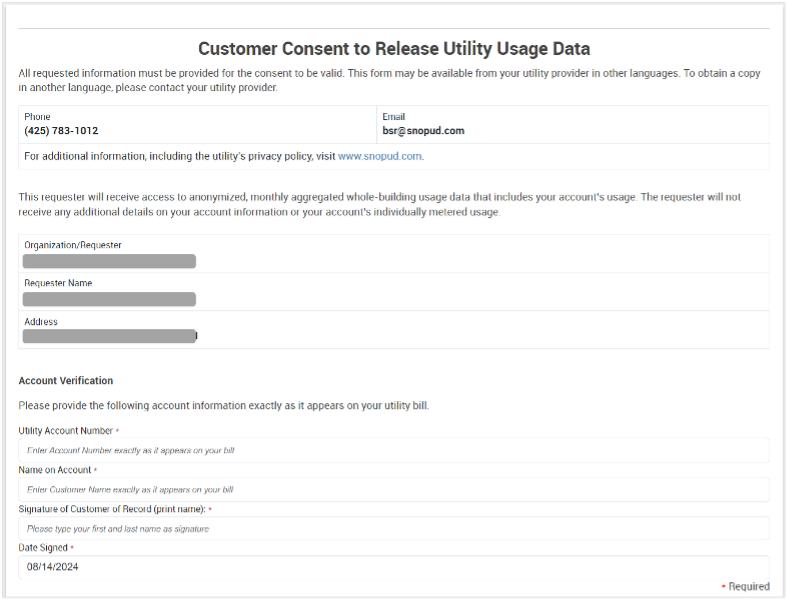 Screen shot of customer consent to release utility usage data