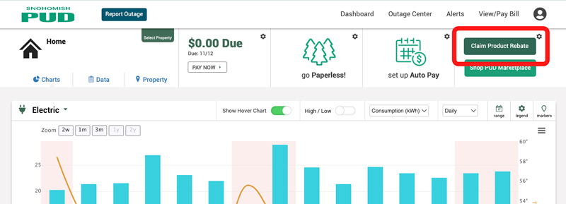 Image of MySnoPUD dashboard showing Rebate Button